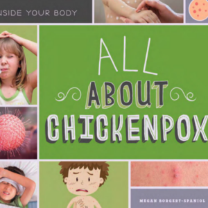 A book cover showing kids with chicken pox, a thermometer and a kid resting.