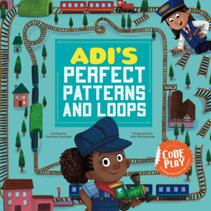 A cartoon book cover of a girl surrounded by a play train set