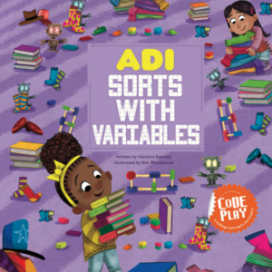 A book cover showing a girl balancing a lot of books in her hands