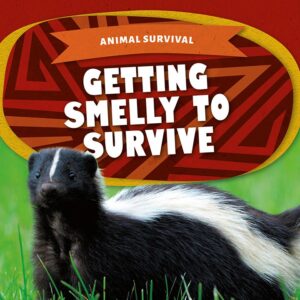 A book cover shows a black and white skunk in green grass with a red and orange stylized background.