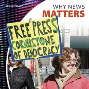 A book cover showing a woman at a protest with a sign that says "Free Press Cornerstone of Democracy"