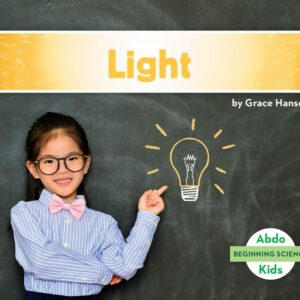 A book cover features a young girl wearing glasses and a pink bow tie, pointing at a chalk drawing of a lightbulb on a blackboard, with various scientific doodles in the background.