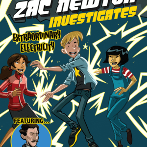 A cartoon book cover showing friends in an action pose with lightning in a background