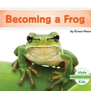 A book cover shows a bright green tree frog with large, dark eyes, perched on a green leaf, with an orange banner across the top.
