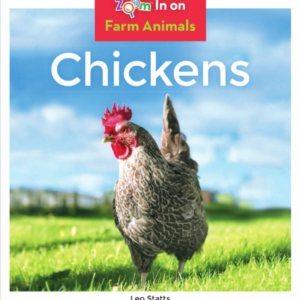 A book cover features a grey and white patterned chicken standing in green grass under a blue sky.