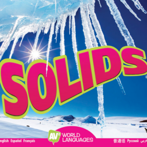 A book cover features numerous sharp icicles hanging from the top against a bright blue sky and snowy landscape, with the title "SOLIDS" in large, pink and yellow letters stretching across the middle.