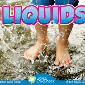 A book cover depicts a person's bare feet splashing in water, creating ripples and drops, with the title "LIQUIDS" in large, bubbly blue and pink letters at the top.
