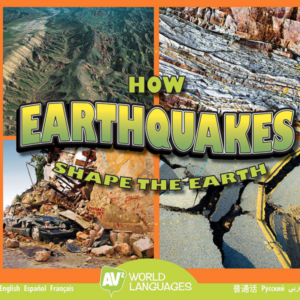 A book cover features four quadrants: a top-left aerial view of a mountain range, a top-right close-up of rock layers, a bottom-left image of a car crushed by a landslide, and a bottom-right view of a cracked road.