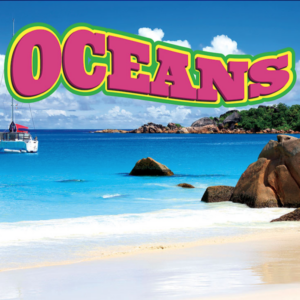A book cover features a pristine white sand beach meeting a turquoise ocean with scattered rocks and a distant sailboat under a partly cloudy blue sky, with the word "OCEANS" in large pink and yellow letters at the top.