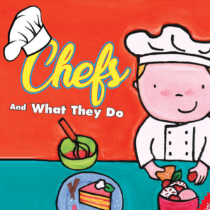 A book cover showing a drawing of a chef in a kitchen preparing food