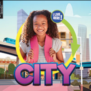 A book cover showing a girl in front of a picture of a city