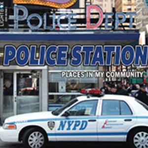 A book cover showing a police station with a police car in front