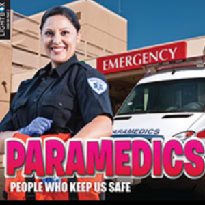 A book cover showing a paramedic in front of a hospital