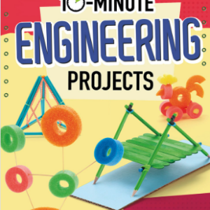 A book cover showcases various colorful, kid-friendly engineering projects, including a pyramid structure made of sticks and foam rings, a whimsical creature made of foam rings, and a bridge-like structure crafted from popsicle sticks and pencils, all set against a yellow background.