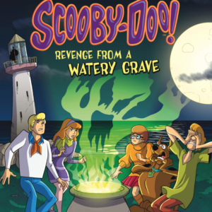 A book cover showing the scooby doo characters around a cauldron with a ghost