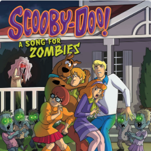 a book cover showing scooby doo characters and a zombie with red eyes in the background