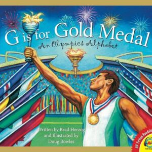 A book cover showing an illustration of a person with a gold medal holding up a torch in front of an Olympic stadium