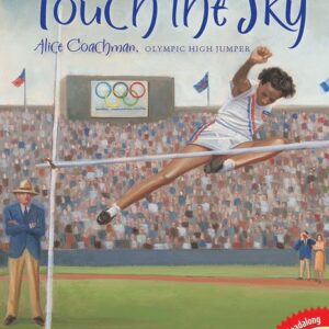 A book cover showing an illustration of a person doing the high jump in front of a big crowd with the Olympic rings in the background