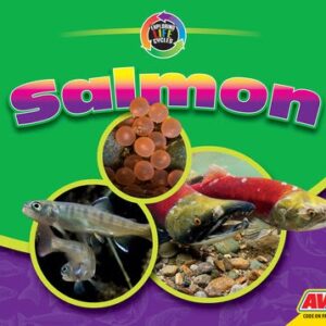 A book cover features two adult salmon with red bodies in a rocky stream, with two circular insets showing a cluster of salmon eggs and several juvenile salmon, all set against a green and purple background with faint fish patterns.