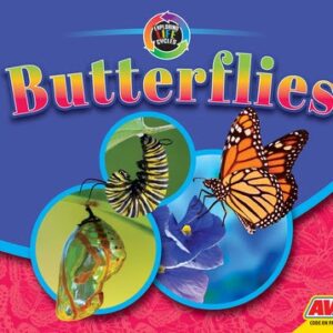 A book cover displays a monarch butterfly on a purple flower, alongside two circular insets illustrating a striped caterpillar and a chrysalis, all set against a blue and purple background with faint butterfly patterns.
