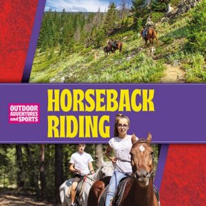 A book cover showing people riding horses in a field