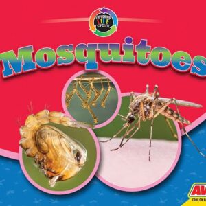 A book cover features a detailed image of a mosquito, with two circular insets showing mosquito larvae hanging from the water surface and a mosquito pupa, all set against a red and blue background with faint mosquito patterns.