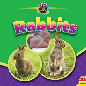 A book cover features two adult rabbits in different poses in green grass, with a circular inset showing two newborn, hairless rabbit kits, all set against a green and purple background with faint rabbit patterns.