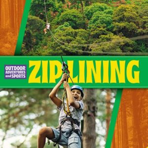 A book cover showing a person ziplining through a forest