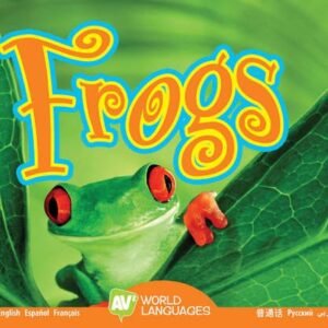 A book cover features a vibrant green frog with striking red eyes and orange toes, perched on a large green leaf, set against a blurred green background.