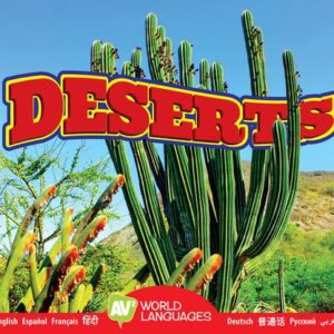 A book cover shows tall cacti and desert plants under a clear blue sky with mountains in the background, featuring the word "Deserts" in large red and yellow letters across the top, and "AV2 World Languages" along with various language names at the bottom.
