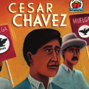 A book cover showing an artist drawing of Cesar Chavez and a worker