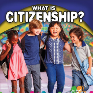 A book cover showing a group of four kids with their arms around each other laughing