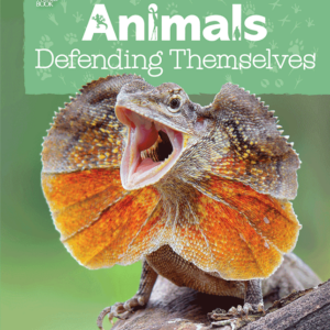 A book cover features a frilled lizard with its mouth wide open, displaying its orange and brown frill, against a blurred green background with subtle animal footprints.