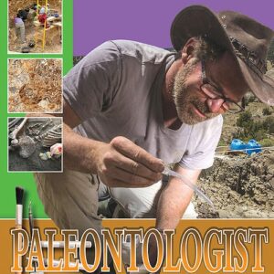 A book cover showing a paleontologist in the field