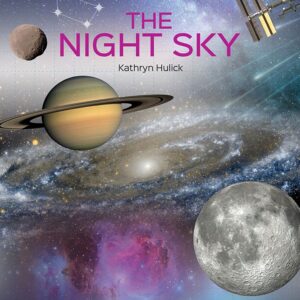 A book cover with an illustration of the galaxy and close ups of Saturn and the moon