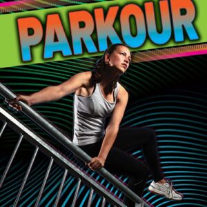 A book cover showing a woman doing parkour over a railing