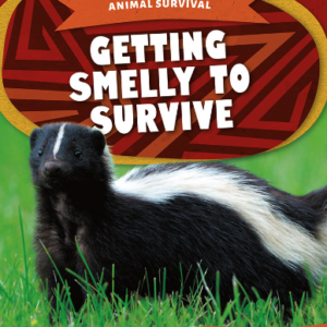 A book cover shows a black and white skunk standing in green grass, with an orange and red striped banner above it.