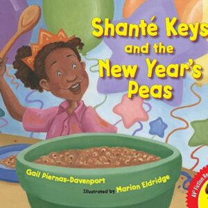 A book cover with an illustration of a girl about to stir a pan of peas