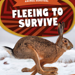 A book cover features a brown hare running across a snowy landscape, with an orange and brown striped background behind the text.