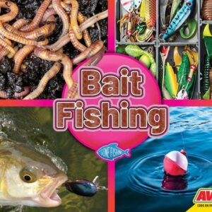 A book cover with four pictures of worms, a bobber and fish