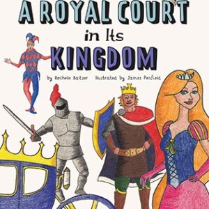 A book cover showing drawings of a knight, a king, a princess and a court jester