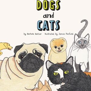 A book cover showing drawings of a black cat, a pug, a white cat and a blonde dog