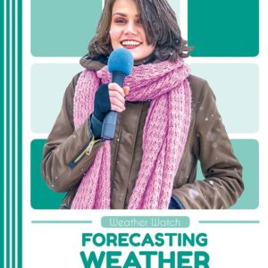 A book cover features a smiling young woman holding a blue microphone, wearing a brown winter coat and a pink knit scarf, with snowflakes visible on her clothes, against a background of teal and white rectangular panels.