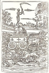 Artist showing a skeleton riding through a town