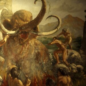 Painting of a wooly mammoth fighting early humans