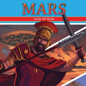 Book cover showing a cartoon of a man in red robes and holding a sword and a spear