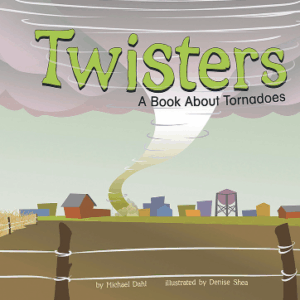 Book cover with an illustration of a tornado over a small village