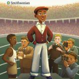 Book cover showing an illlustration of Jesse Owens talking to reporters