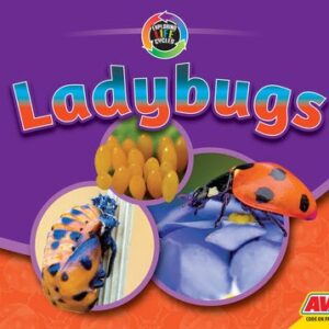 Book cover showing ladybug eggs, baby ladybug and a grown ladybug