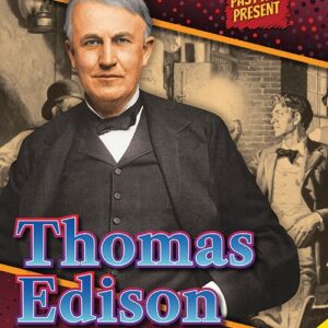 Book cover with a portrait of Thomas Edison and a photo in the background showing a light bulb